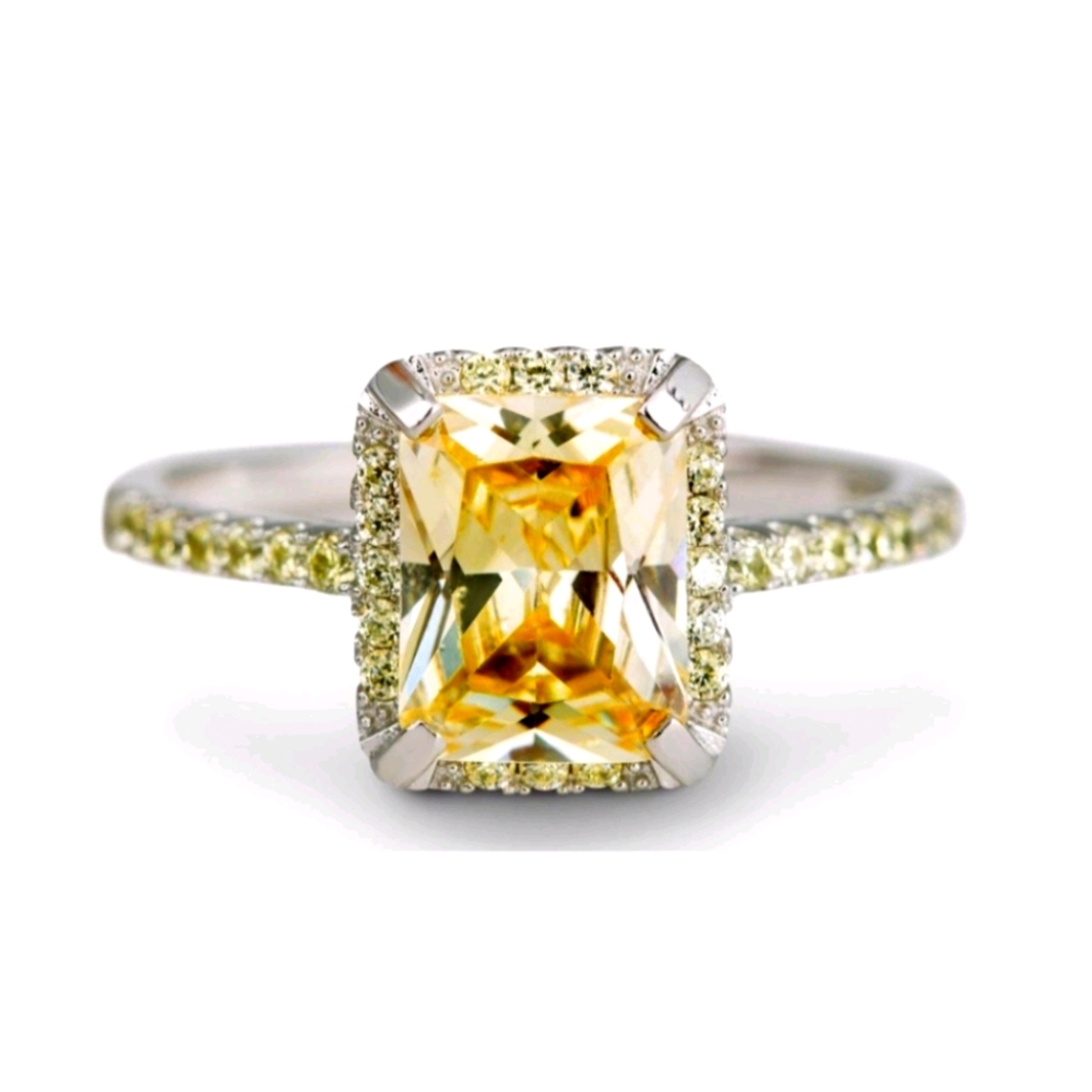 Yellow CZ Princess-Cut Halo Ring - Size 7